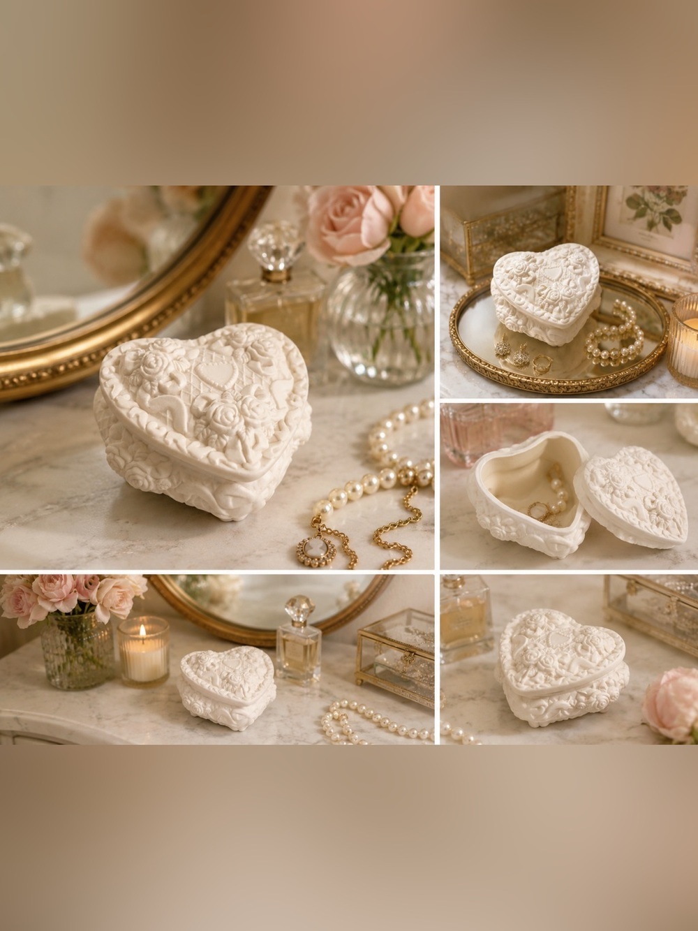 Ornate Heart Porcelain Trinket Box | Floral Jewelry Keepsake Box Decor